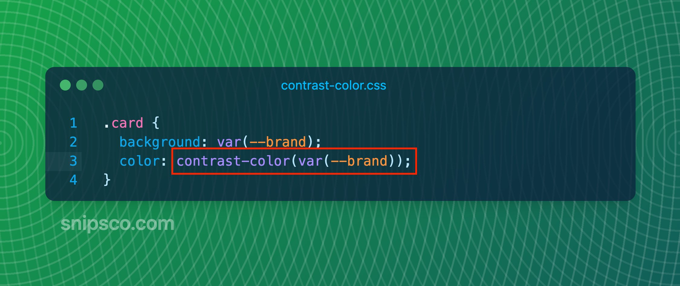 CSS snippet showing color: contrast-color(var(--brand)) on a card with a brand background
